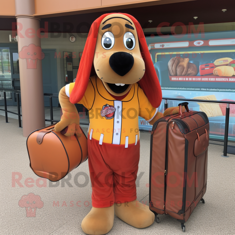 Rust Hot Dogs mascot costume character dressed with a Polo Shirt and Handbags