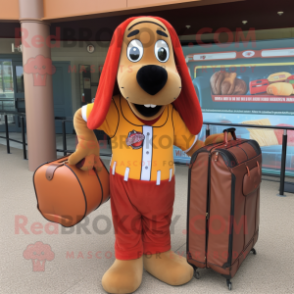 Rust Hot Dogs mascot costume character dressed with a Polo Shirt and Handbags