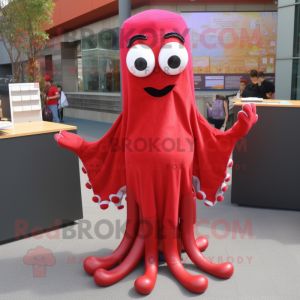 Red Squid mascot costume character dressed with a Pencil Skirt and Bracelets