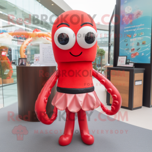 Red Squid mascot costume character dressed with a Pencil Skirt and Bracelets