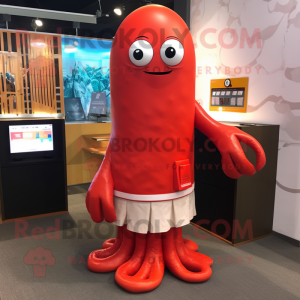 Red Squid mascot costume character dressed with a Pencil Skirt and Bracelets