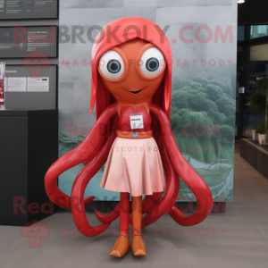 Red Squid mascot costume character dressed with a Pencil Skirt and Bracelets