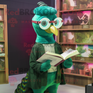 Forest Green Peacock mascot costume character dressed with a Long Sleeve Tee and Reading glasses