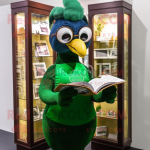 Forest Green Peacock mascot costume character dressed with a Long Sleeve Tee and Reading glasses