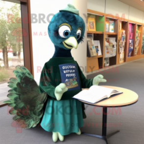 Forest Green Peacock mascot costume character dressed with a Long Sleeve Tee and Reading glasses