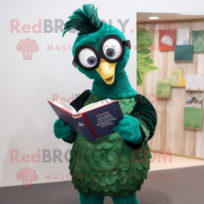 Forest Green Peacock mascot costume character dressed with a Long Sleeve Tee and Reading glasses