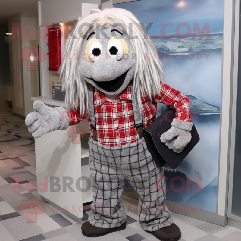 Silver Spaghetti mascot costume character dressed with a Flannel Shirt and Wallets Silver Spaghetti mascot costume character dressed with a Flannel Shirt and Wallets