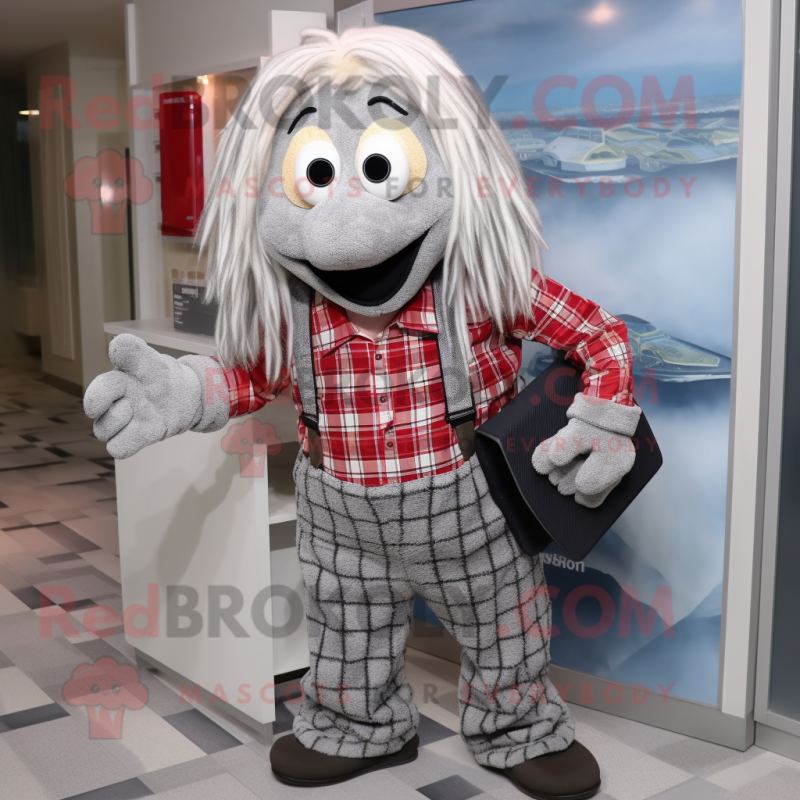 Silver Spaghetti mascot costume character dressed with a Flannel Shirt and Wallets