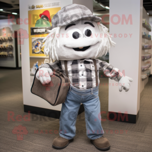 Silver Spaghetti mascot costume character dressed with a Flannel Shirt and Wallets