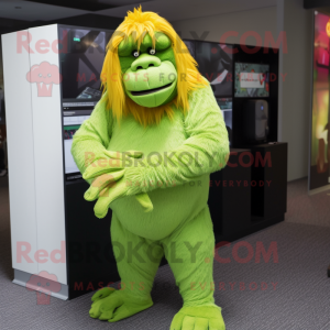 Lime Green Orangutan mascot costume character dressed with a Bodysuit and Headbands