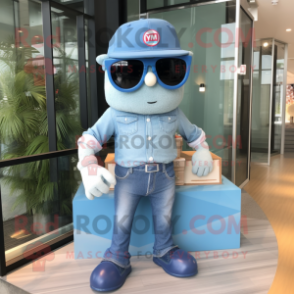 Blue Wedding Cake mascot costume character dressed with a Denim Shirt and Sunglasses