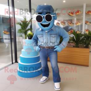 Blue Wedding Cake mascot costume character dressed with a Denim Shirt and Sunglasses