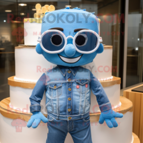 Blue Wedding Cake mascot costume character dressed with a Denim Shirt and Sunglasses