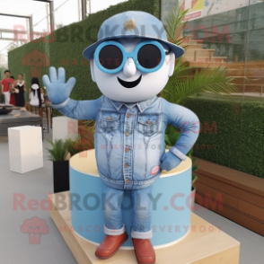 Blue Wedding Cake mascot costume character dressed with a Denim Shirt and Sunglasses