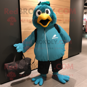 Turquoise Blackbird mascot costume character dressed with a Windbreaker and Tote bags
