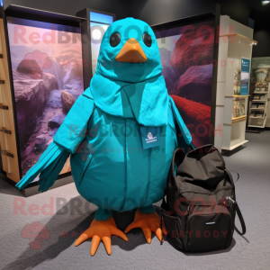 Turquoise Blackbird mascot costume character dressed with a Windbreaker and Tote bags