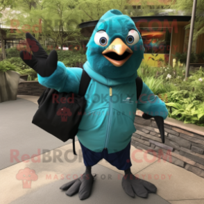 Turquoise Blackbird mascot costume character dressed with a Windbreaker and Tote bags