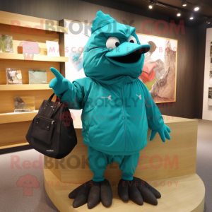Turquoise Blackbird mascot costume character dressed with a Windbreaker and Tote bags