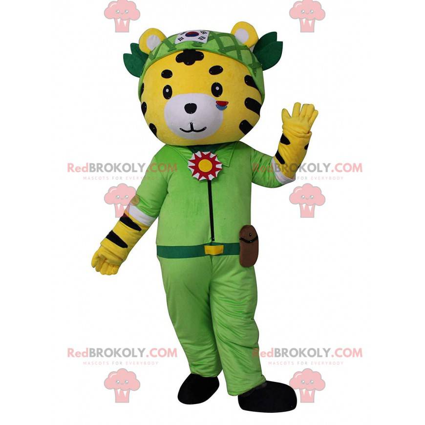 Mascotte de tigre jaune, blanc et noir en tenue d'aventurier - Mascotte de tigre jaune, blanc et noir en tenue d'aventurier -