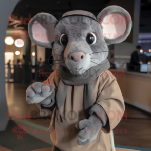 Gray Mouse mascot costume character dressed with a Turtleneck and Wraps