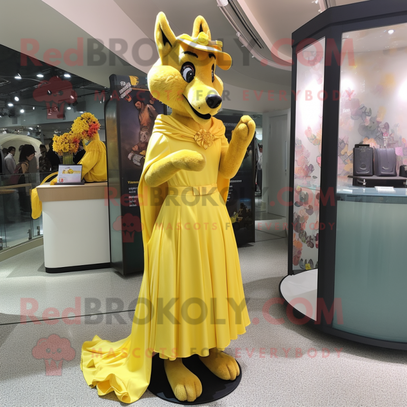 Yellow Wolf mascot costume character dressed with a Evening Gown and Shoe clips