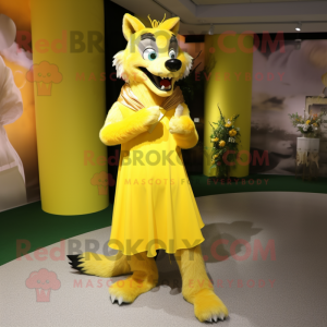 Yellow Wolf mascot costume character dressed with a Evening Gown and Shoe clips