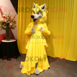 Yellow Wolf mascot costume character dressed with a Evening Gown and Shoe clips