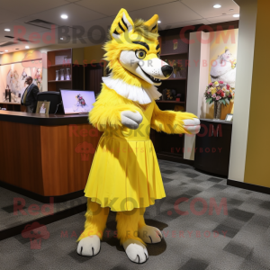 Yellow Wolf mascot costume character dressed with a Evening Gown and Shoe clips