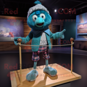 Teal Tightrope Walker mascot costume character dressed with a Flannel Shirt and Anklets