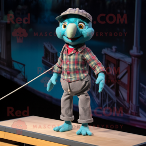 Teal Tightrope Walker mascot costume character dressed with a Flannel Shirt and Anklets