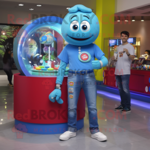 Blue Gumball Machine mascot costume character dressed with a Boyfriend Jeans and Digital watches