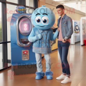 Blue Gumball Machine mascot costume character dressed with a Boyfriend Jeans and Digital watches