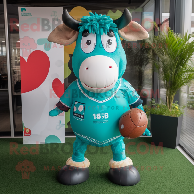 Turquoise Cow mascot costume character dressed with a Rugby Shirt and Sunglasses