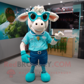 Turquoise Cow mascot costume character dressed with a Rugby Shirt and Sunglasses