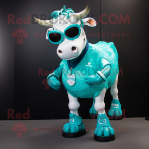 Turquoise Cow mascot costume character dressed with a Rugby Shirt and Sunglasses