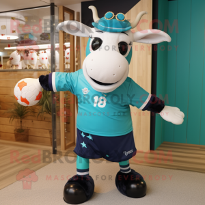 Turquoise Cow mascot costume character dressed with a Rugby Shirt and Sunglasses