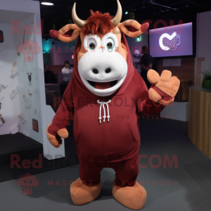 Maroon Guernsey Cow mascot costume character dressed with a Hoodie and Earrings