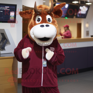 Maroon Guernsey Cow mascot costume character dressed with a Hoodie and Earrings