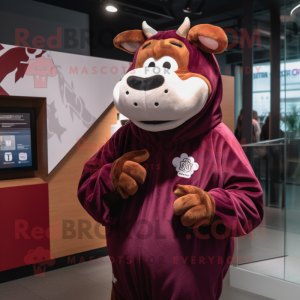 Maroon Guernsey Cow mascot costume character dressed with a Hoodie and Earrings