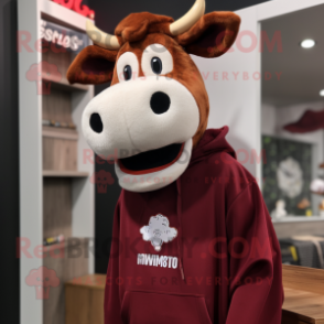 Maroon Guernsey Cow mascot costume character dressed with a Hoodie and Earrings