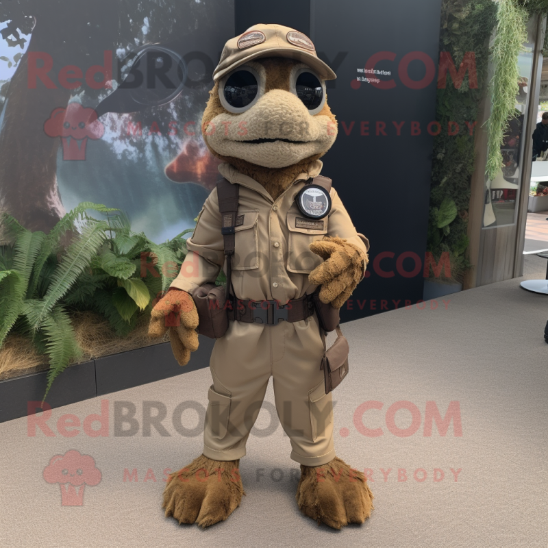 Tan Marine Recon mascot costume character dressed with a Dungarees and Scarves