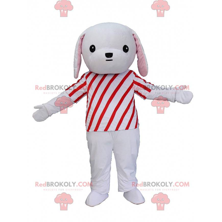 Mascote cachorrinho cinza e branco com uma roupa vermelha e