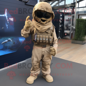Tan Marine Recon mascot costume character dressed with a Dungarees and Scarves