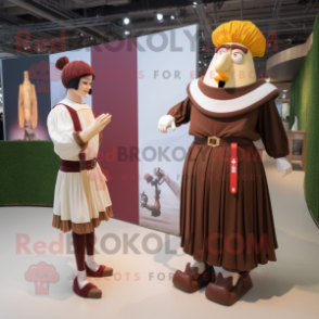 Brown Swiss Guard mascot costume character dressed with a Maxi Skirt and Hairpins