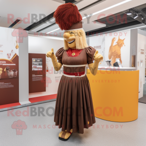 Brown Swiss Guard mascot costume character dressed with a Maxi Skirt and Hairpins