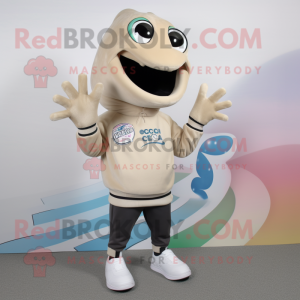 Beige Ceviche mascot costume character dressed with a Sweatshirt and Shoe clips