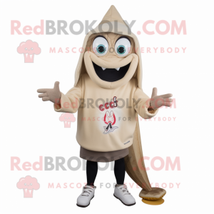 Beige Ceviche mascot costume character dressed with a Sweatshirt and Shoe clips