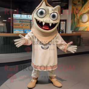 Beige Ceviche mascot costume character dressed with a Sweatshirt and Shoe clips