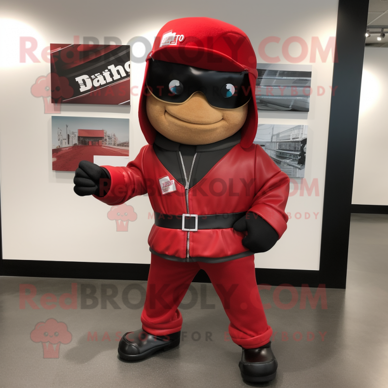 Red Attorney mascot costume character dressed with a Bomber Jacket and Belts Red Attorney mascot costume character dressed with a Bomber Jacket and Belts
