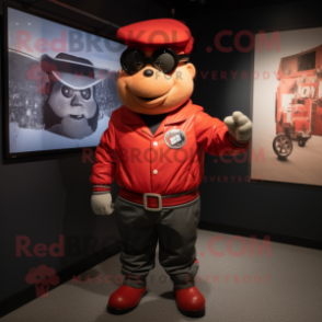 Red Attorney mascot costume character dressed with a Bomber Jacket and Belts